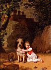 Famous Boy Paintings - Portrait Of A Little Boy Placing A Coral Necklace On A Dog, Both Seated In A Parkland Setting